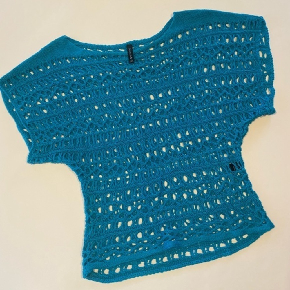 FULL TILT TURQUOISE OPEN KNIT SHORT SLEEVE LIGHTWEIGHT SWEATER SIZE EXTRA SMALL
